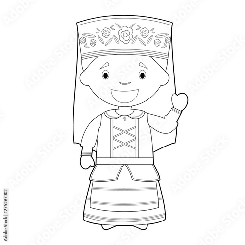 Easy coloring cartoon character from Belarus dressed in the traditional way Vector Illustration.