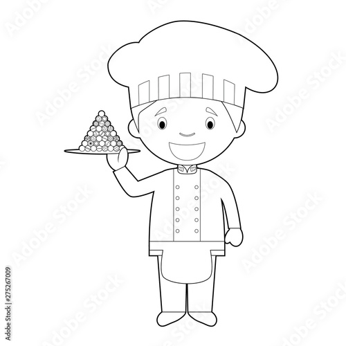 Easy coloring Pastry Chef cartoon character with typical chocolates from Belgium. Vector Illustration.