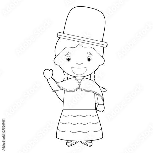 Easy coloring cartoon character from Bolivia dressed in the traditional way Vector Illustration.