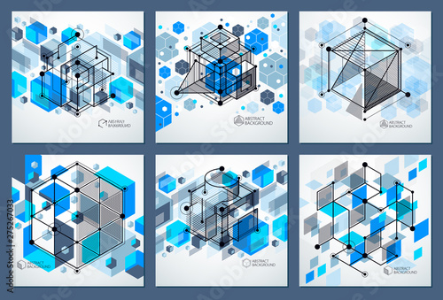 Engineering technological blue vector 3D wallpapers set made with cubes and lines. Illustration of engineering system, abstract technological backdrop. Abstract technical background.