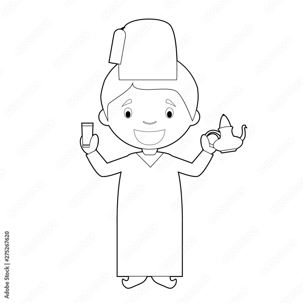 Easy coloring cartoon character from Morocco dressed in the traditional way with a tea set. Vector Illustration.