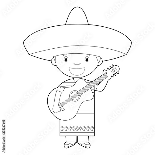 Easy coloring cartoon character from Mexico dressed in the traditional mariachi singer way with guitar. Vector Illustration.