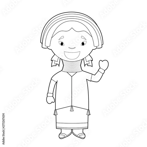 Easy coloring Padaung girl cartoon character from Myanmar (Kayan Tribe) dressed in the traditional way Vector Illustration.