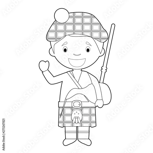 Easy coloring cartoon character from Scotland dressed in the traditional way with kilt and bagpipes. Vector Illustration.