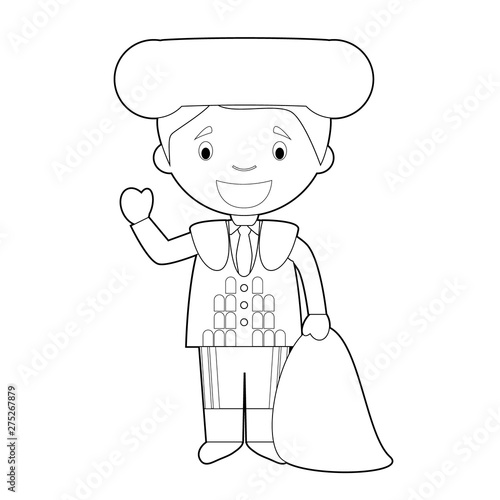 Easy coloring cartoon character from Spain dressed in the traditional way as a bullfighter. Vector Illustration.