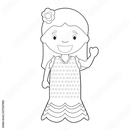 Easy coloring cartoon character from Spain dressed in the traditional way as a Flamenco dancer. Vector Illustration.