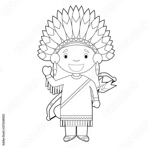 Easy coloring cartoon character from USA dressed in the traditional way of the American Red Indians. Vector Illustration.
