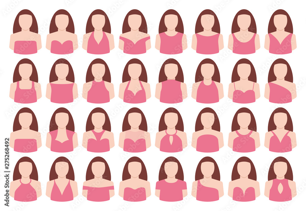 Vector set different types of female head with pink neckline dress. Isolated on white background.