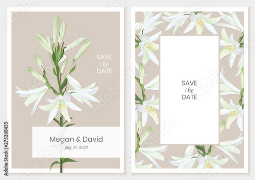 Botanical wedding invitation card, template design with white lilies on a beige background