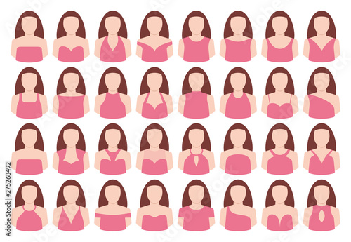 Vector set different types of female head with pink neckline dress. Isolated on white background.