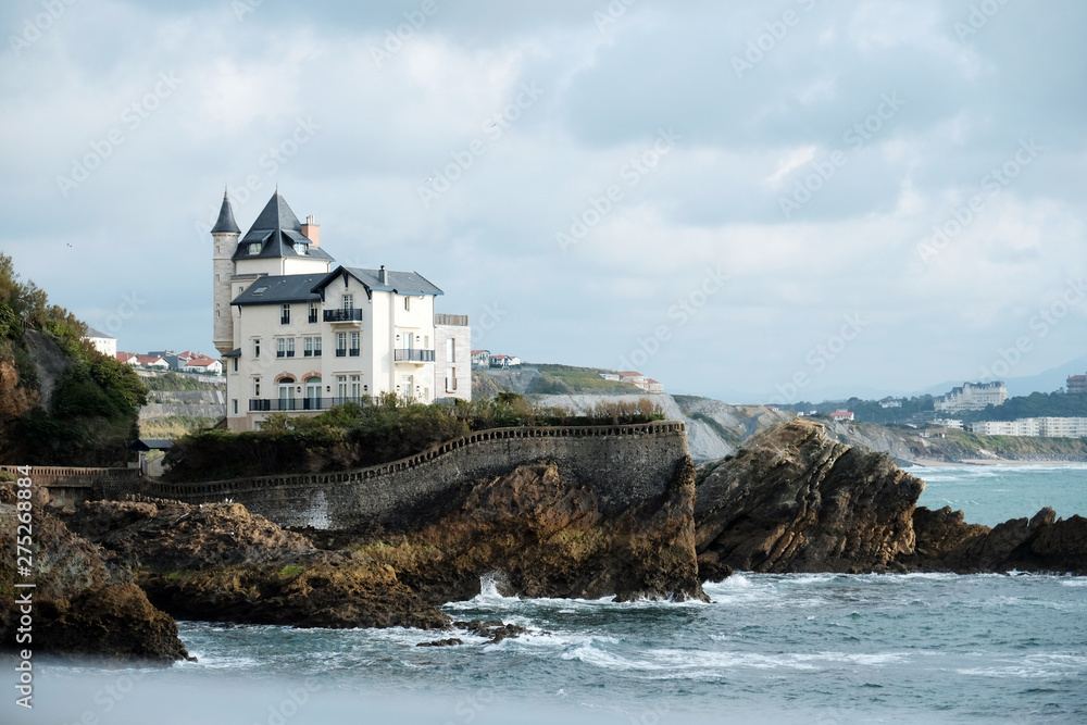 Beach, ocean and city views of Biarritz, France