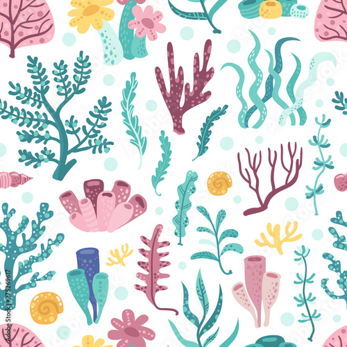 Seamless pattern with seaweeds and corals