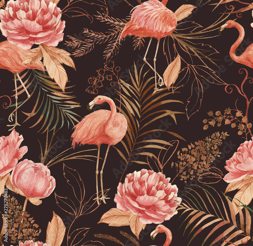 Hand drawn watercolor seamless pattern with pink flamingo, peony and decorative plants. Repeat background illustration