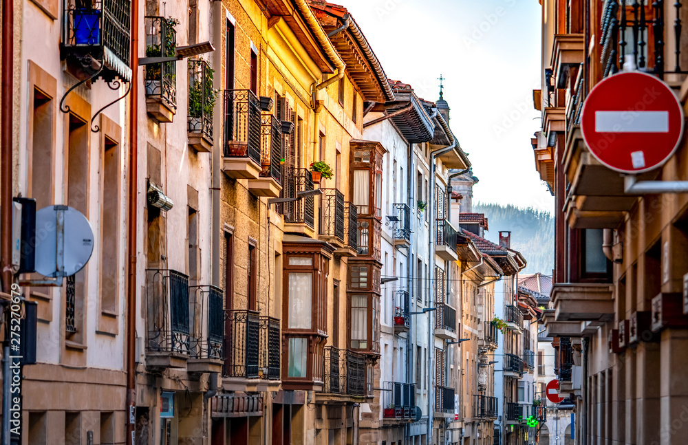 Building in Spain. Architecture in city. Urban building in residential area in Spain. Street view in Europe. Travel in Spain concept. Town in Europe.