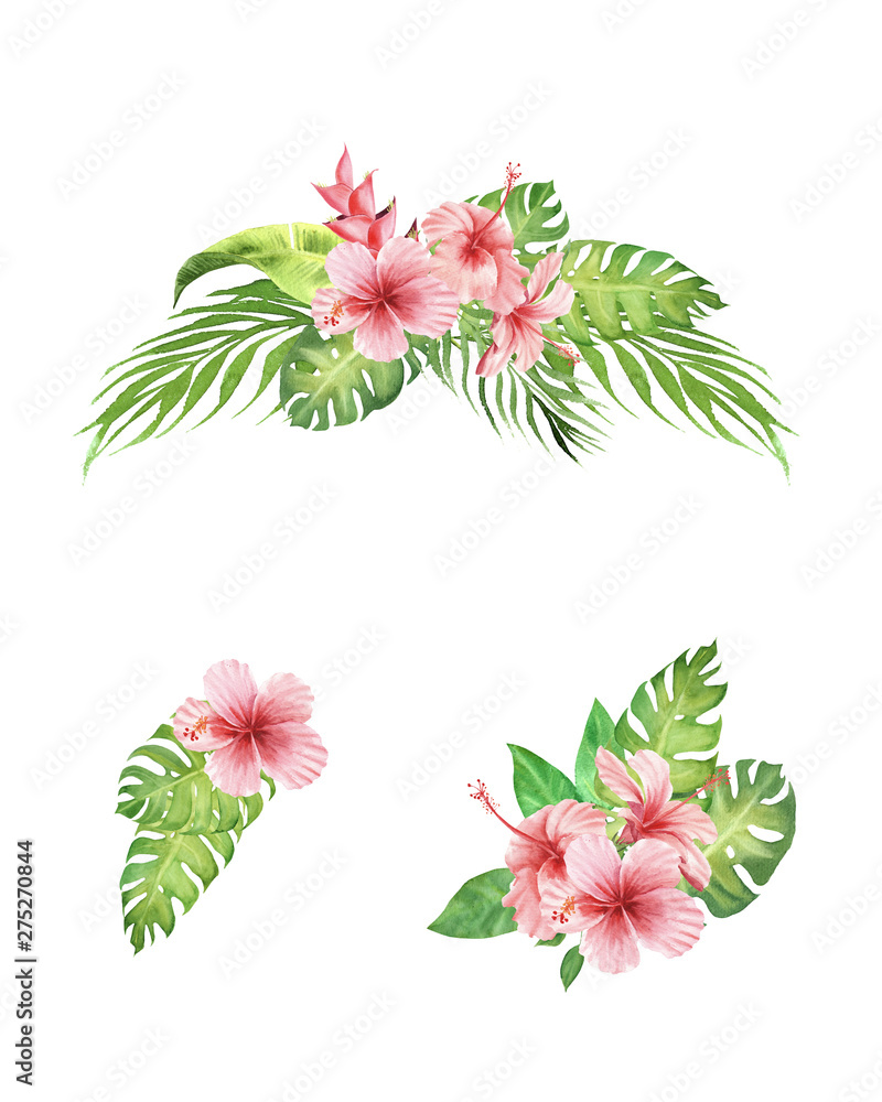 hand painted watercolor set of tropical bouquet hibiscus flowers, palm tree and monstera leaves isolated on white background. elements for design, greeting card, invitation