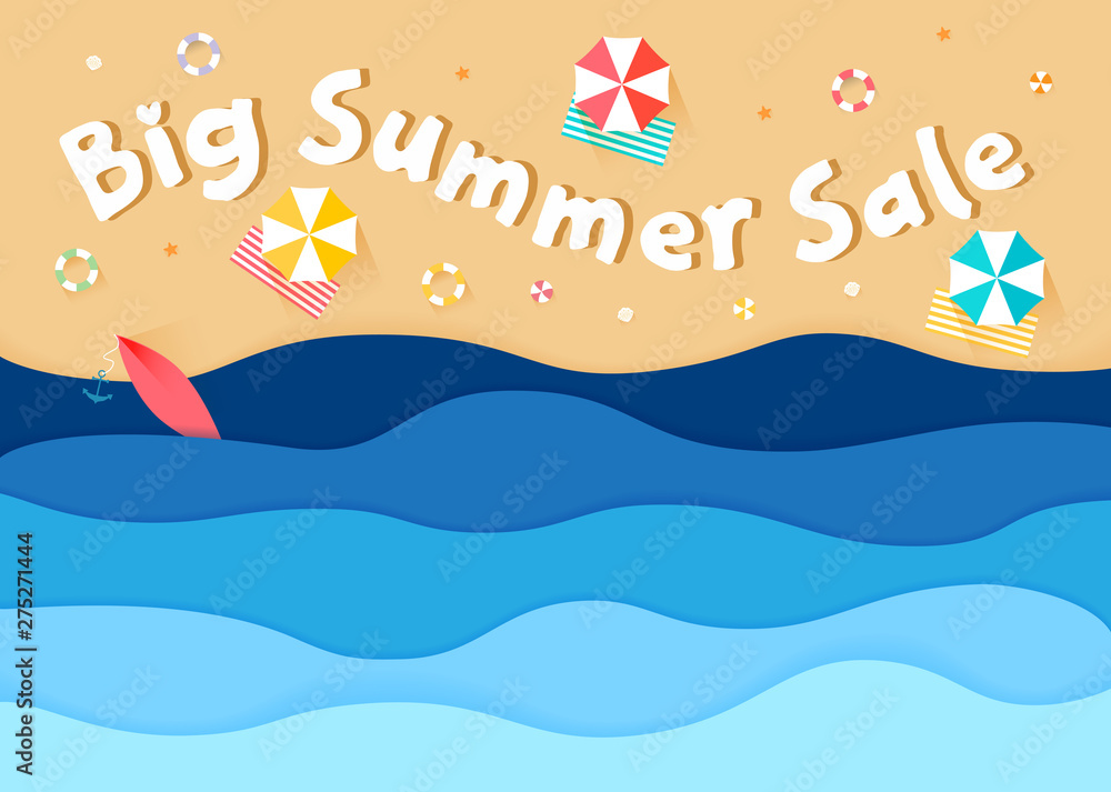 Big summer sale. Top view of sea waves and beach, paper art cartoon. Vector illustration