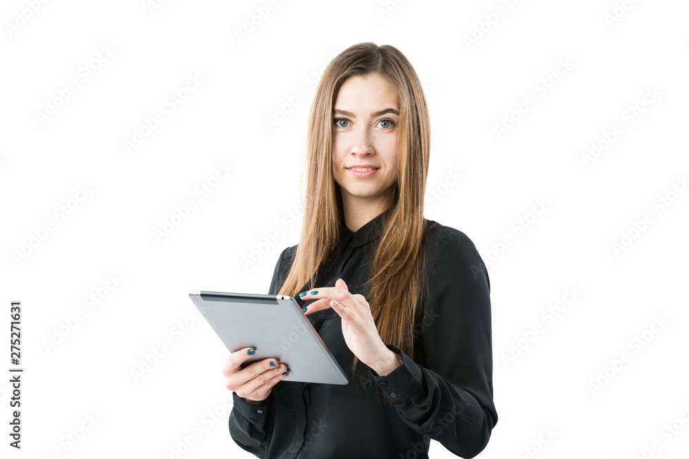 Woman business technology theme. Beautiful young caucasian woman in black shirt posing standing with tablet hands on white isolate background. Profession Marketer Sales Social Media Advertising Woman business technology theme. Beautiful young caucasian woman in black shirt posing standing with tablet hands on white isolate background. Profession Marketer Sales Social Media Advertising