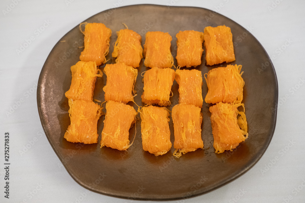 Close up homemade Dessert made from egg yolks or Thai desserts. (Selective focus) Close up homemade Dessert made from egg yolks or Thai desserts. (Selective focus)