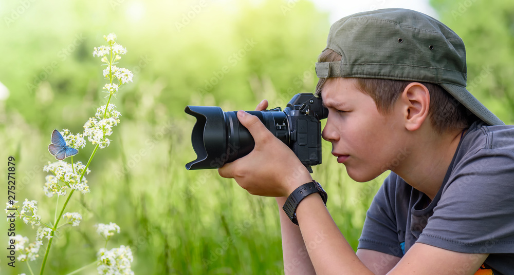 Boy holding digital camera and shooting butterfly on the wild flower - obrazy, fototapety, plakaty 