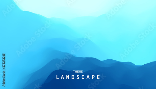 Blue abstract background. Realistic landscape with waves. Cover design template. 3d vector illustration.