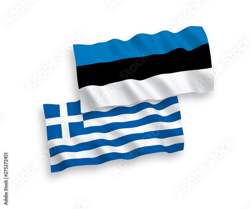 National vector fabric wave flags of Greece and Estonia isolated on white background. 1 to 2 proportion.