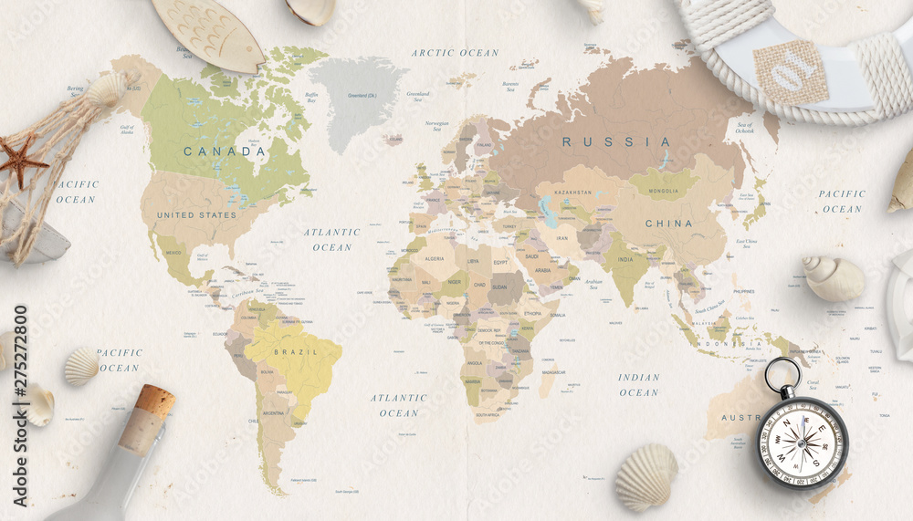 Sea, travel things on world map conposition. Copy space in the middle. Top view, flat lay. - obrazy, fototapety, plakaty 