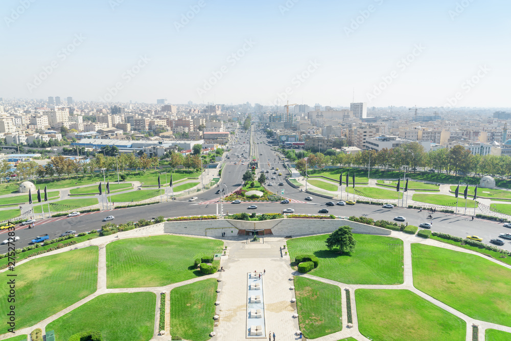Beautiful aerial view of Azadi Avenue in Tehran, Iran