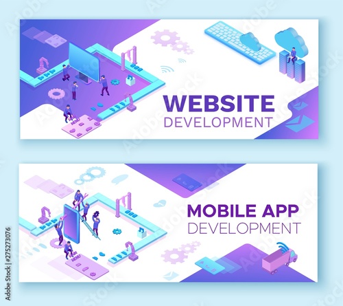 Mobile app development 3d isometric concept, software management vector illustration with developer at conveyor building smartphone application, trendy violet background, horizontal banner set