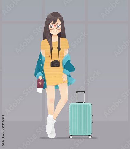 Cartoon woman with passport and luggage on gray background, Holding passport and tickets, Vector illustration in character design