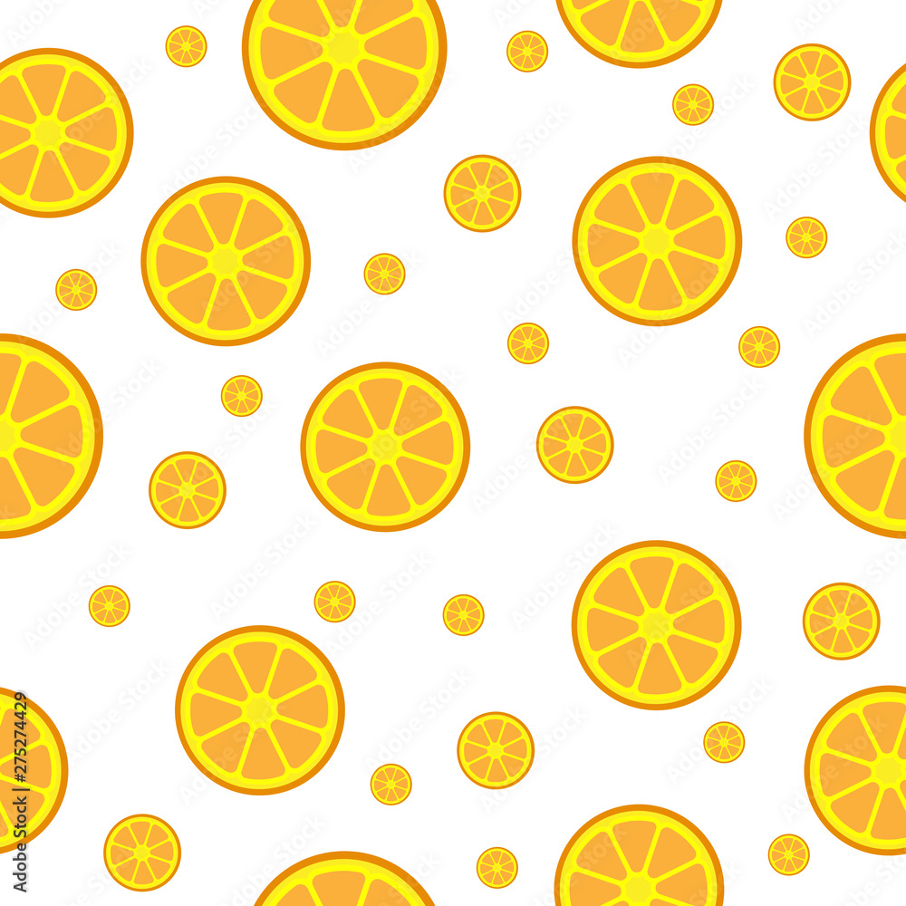 Round orange in cut. Seamless pattern. Citrus wallpaper, background. Summer yellow bright fruit. Summertime