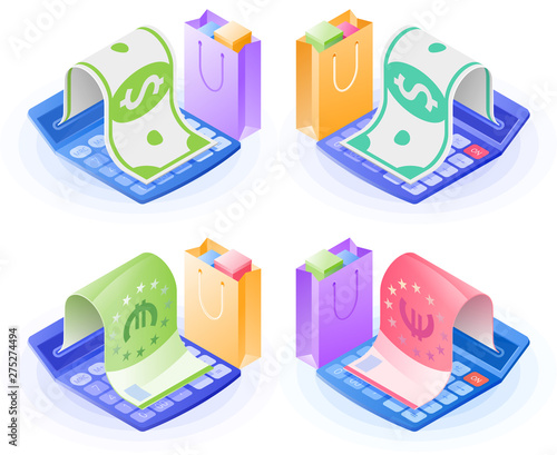 The accountant calculator, paper money, shopping bag. Flat vector isometric illustration set. The costs and expenses calculation, purchase and payment, financial balance, accounting, shopping concept.