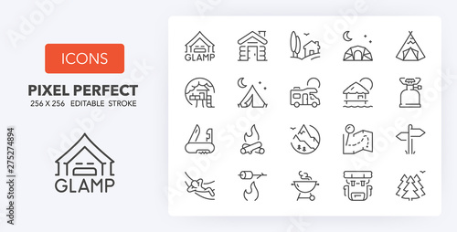 glamping line icons 256 x 256