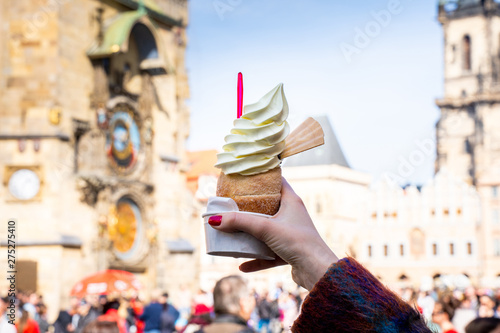 Photography Traditional Tasty Baked Trdelnik with Ice Cream in Czech Republic, Tyn Church on