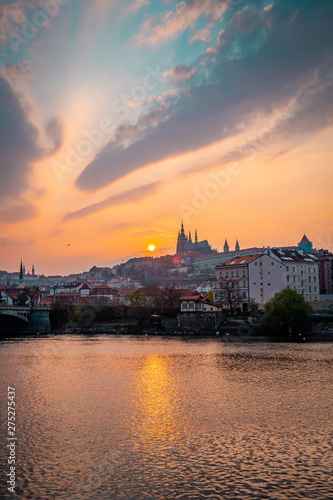 Scenic View of the Old Town Architecture with Vltava River  Charles Bridge and St.Vitus Cathedral in Prague  Czech Republic  Sunset Time