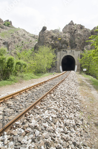 Railroad tunnel and rails in the mountain in Bulgaria