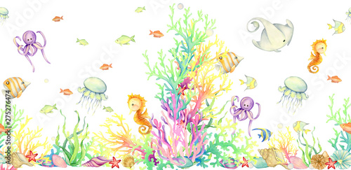 underwater world, seamless pattern, watercolor, background,