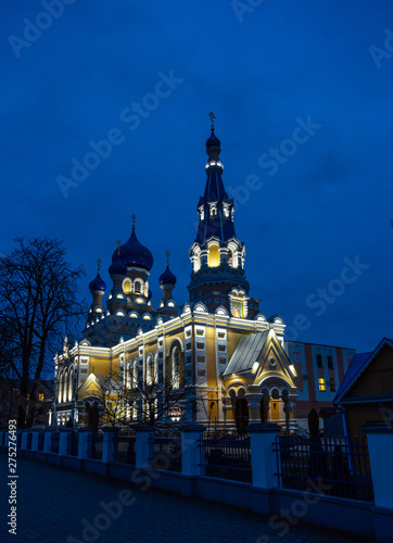 St. Nicholas Cathedral with evening illumination of the fortress in Brest, Belarus