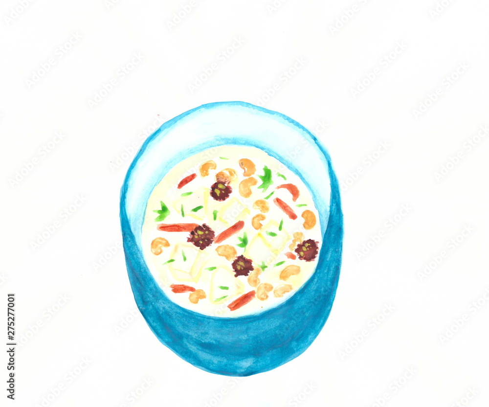 Drawing with watercolors: Soup with meatballs and beans in a blue bowl. Drawing with watercolors: Soup with meatballs and beans in a blue bowl.