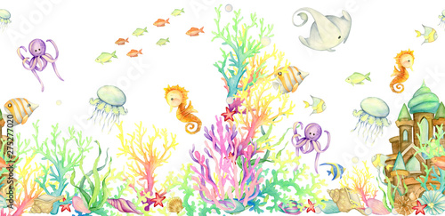 underwater world  seamless pattern  watercolor  background 