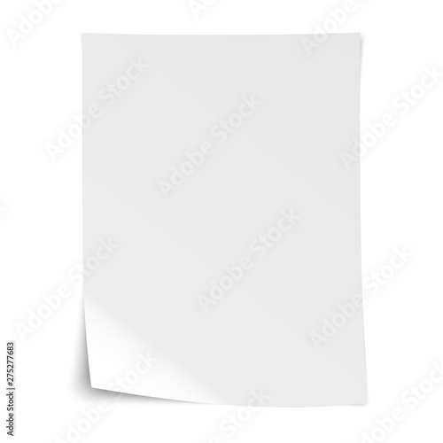 empty realistic white sheet of writing paper with bent corner and shadows vector illustration
