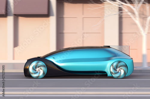 Side view of metallic blue autonomous sedan moving fast on the road at sunset. 3D rendering image.
