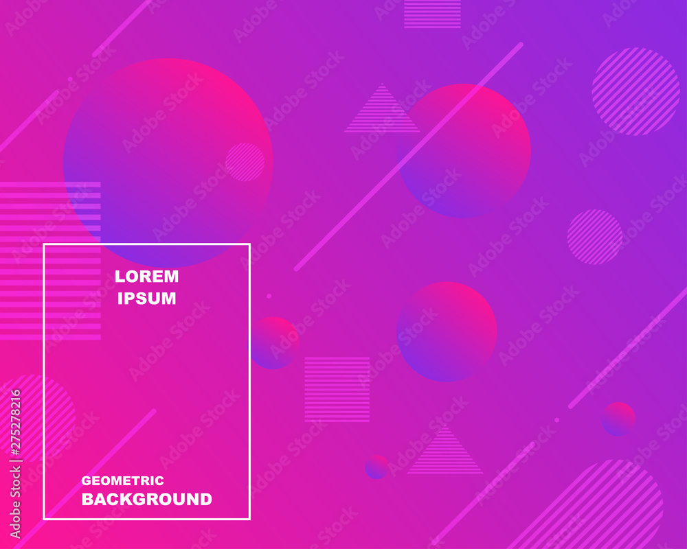 Colorful geometric background. backgroud with gradient color pink and purple. Circle rectangle and triangle Random position on background. Eps10 vector illustration.