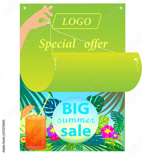 Vector drawing. Big summer sale. Banner with  tropical background. Special offer, poster, flyer in modern style and vibrant colors. Might be used for advertising, the provision information