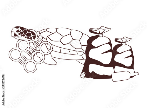 turtle stuck with a sixpack plastic rings in black and white