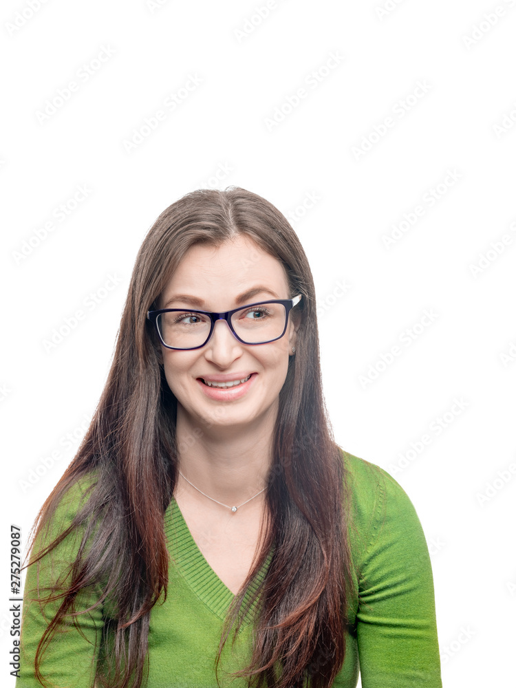 Young woman portrait. Smiley face of pretty brunette female model. Positive emotion. Perfect smile. Head shot. Studio image isolated on white. 