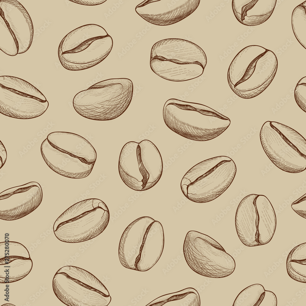 Coffee seamless pattern. Coffee beans hand-drawn sketch. Hot drink coffee background Coffee seamless pattern. Coffee beans hand-drawn sketch. Hot drink coffee background