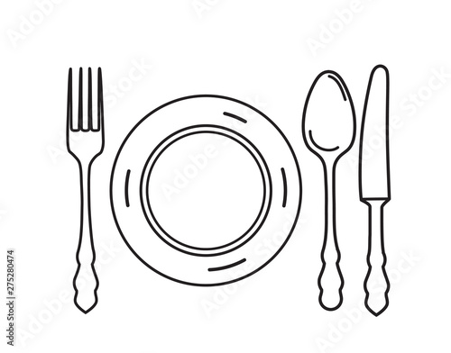 Cutlery set. Plate, fork, knife, spoon icon design elements. Lin