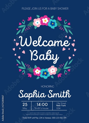 Colorful baby shower card with flowers and leaves in flat style. Cute invitation or greeting card template. Vector baby shower invitation concept
