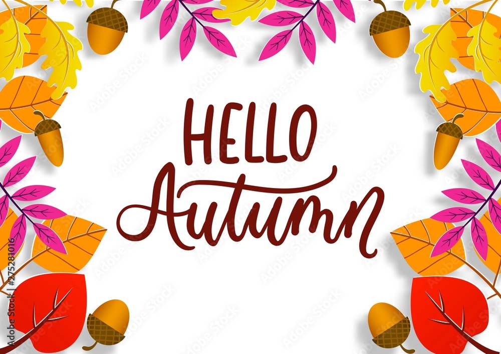 Autumn background with paper leaves acorn and lettering. Seasonal fall origami 3D background for banners, web, greeting cards, sale promotion banners etc. Vector paper art illustration