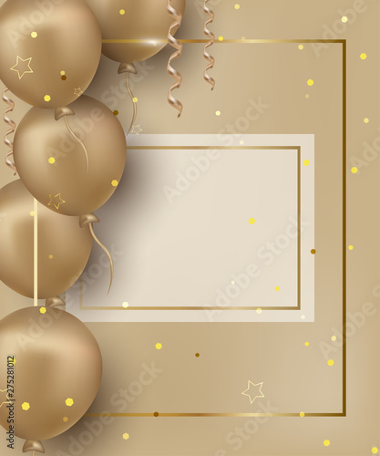 Happy birthday greeting card with golden balloons on the gilded background. Banner for holidays, invitations, party, sales, promotions. Vector background.